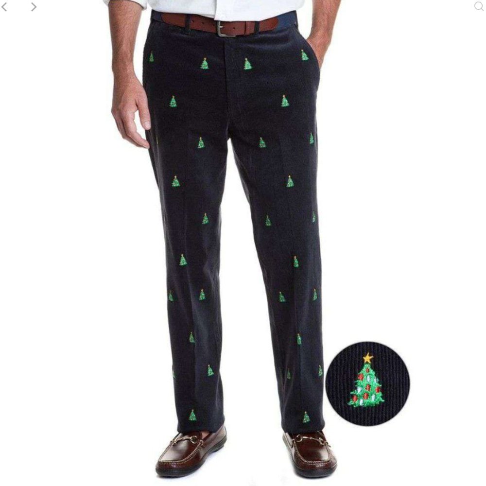 Castaway Navy Embroidered Corduroy Pant - Christmas (Xmas) Tree